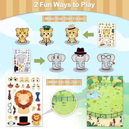 Make a Face Stickers for Kids, 10 Cute Animal Sticker Sheets and 1 Scene Card, Mess-Free DIY Classroom Activities, Goodie Bag Stuffers, Party Favors, Removable and Repositionable - style: Zoo