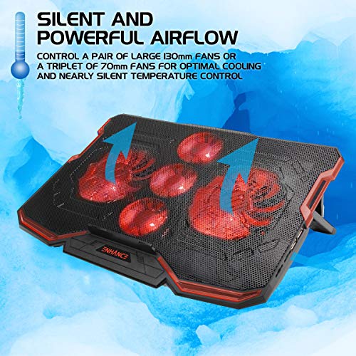 Enhance Cryogen Gaming Laptop Cooling Pad - Fits 17 in. Computer, PS4 - Adjustable Laptop Cooling Stand with 5 Quiet Cooler Fans, 2 USB Ports and LED Lighting - Slim Portable Design 2500 RPM (Red) - color: Red