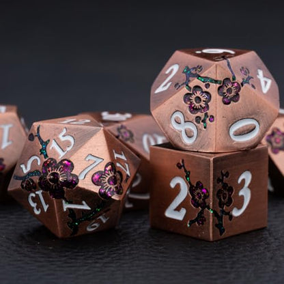 Glitter Purple DND Metal Dice, Flower DND Dice Set with Gift Case for Dungeons and Dragon,7PCS Solid Dice Tabletop Game (Antique Red Copper-Red) - color: Antique Red Copper-red