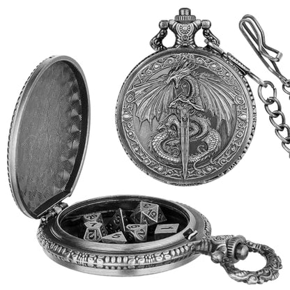 Mini DND Dice Set, Flying Dragon Holds Long Sword Pocket Watch Shell Case, DND Starter Set, 7pcs Polyhedral Metal Dice Set, D&D Gifts with Gift Bag, Role Playing Board Game Accessories, Silver - color: Dark Silver