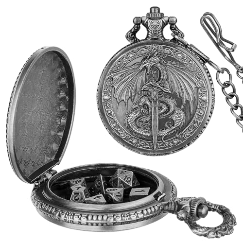 Mini DND Dice Set, Flying Dragon Holds Long Sword Pocket Watch Shell Case, DND Starter Set, 7pcs Polyhedral Metal Dice Set, D&D Gifts with Gift Bag, Role Playing Board Game Accessories, Silver - color: Dark Silver