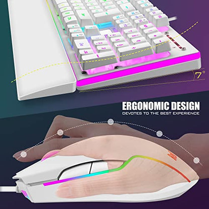 RedThunder K10 Wired Gaming Keyboard and Mouse and Wrist Rest Combo, RGB Backlit, Mechanical Feel Anti-ghosting Keyboard + 7D 7200 DPI Mice+Soft Leather Wrist Rest 3 in 1 PC Gamer Accessories(White) - color: White