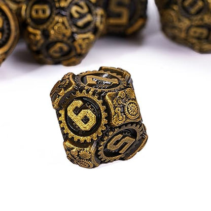 Metal Dice Set D&D, 7-Die DND Dice Metal Gear Dice with Gift Bag for Role Playing Games(Antique Gold) - color: Antique Gold