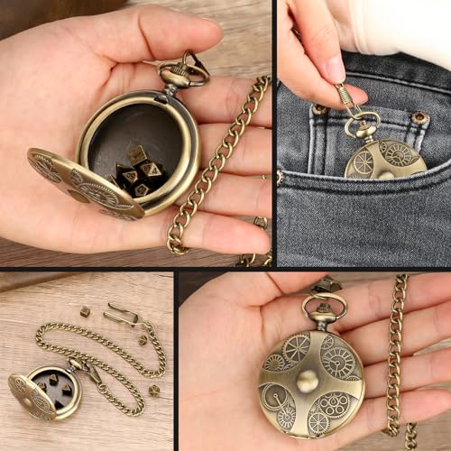 Mini DND Dice Set with Bronze Steampunk Gear Pocket Watch Shell Case, 7pcs Polyhedral Metal DND Dice Set, D&D Gifts with Gift Box, Role Playing Board Games DND Accessories - color: Gear