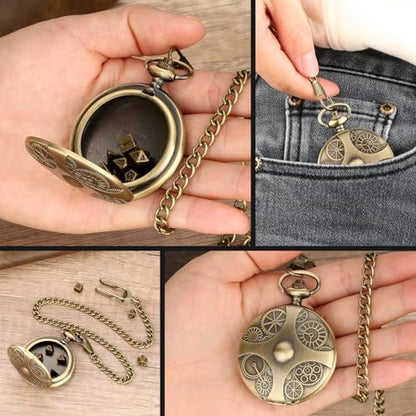 Mini DND Dice Set with Bronze Steampunk Gear Pocket Watch Shell Case, 7pcs Polyhedral Metal DND Dice Set, D&D Gifts with Gift Box, Role Playing Board Games DND Accessories - color: Gear