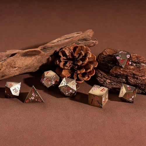 UDIXI Metal DND Dice Set Bronze, 7PCS Metal Polyhedral Dice Set for D&D RPG | Pink Flower, Metal Case Packaging, Heavy Metal Dice, D&D Gift, for Dungeons and Dragons Role Playing Games Tabletop Games - color: Flower/Bronzered