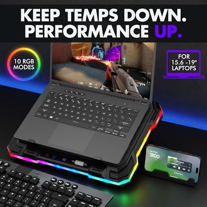 Tilted Nation Gaming Laptop Cooling Pad with USB Hub - Boost Performance, Stay Comfortable - RGB Laptop Cooler Stand with Adjustable Height & Fan Speed, RGB, USB (C + A) Hub, for 15.6" - 19" Laptops