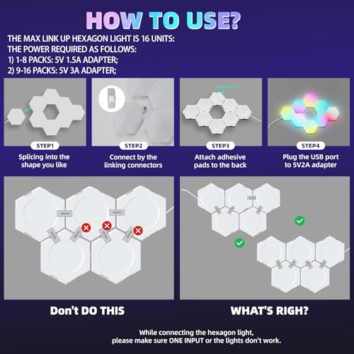 Hexagon LED Lights, 8 Pack with App and Remote Control | Frosted 3D plastic panels for gamers and streamers; made for gaming rooms, esports setups and movie rooms with music sync - size: 8pack