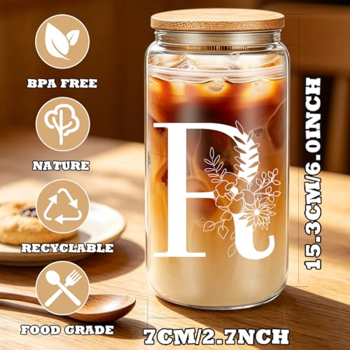 DHQH Birthday Gifts for Women, Monogrammed Gifts Box Included 16 oz Initial Glass Drinking Cup,Canvas Tote Bag，Personalized Iced Coffee Tumbler Gift for Women Her Mom Teacher Friends Sister，R - color: letter-cup-r