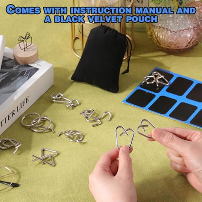 Metal Wire Puzzle Set of 8 with Pouch, Brain Teaser Puzzles IQ Test Ring Disentanglement Unlock Interlock Game Trick Metal for Party Favor Challenge(C Style) - style: C Style