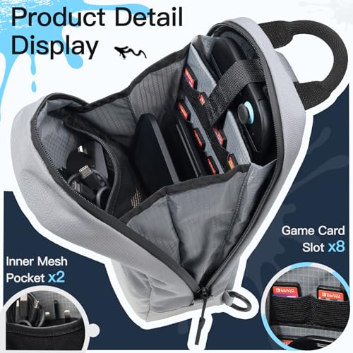 JETech Sling Bag for Nintendo Switch 2/Switch OLED/Switch Console, Grey | Crossbody Carrying Design, 8 Game Card Slots, Large Storage Capacity, Travel-Friendly Organization - color: Grey