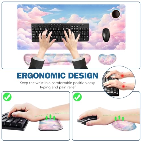 ToLuLu Large Mouse Pad Desk Pad, Wrist Rest Desk Mat for Keyboard and Mouse | 4PCS 35.4”x15.7" XXL Giant Mouse Pad Set, Non-Slip Base Stitched Edges Support Mousepad for Home Office, Dreamy Clouds - color: Dreamy Clouds