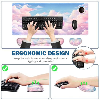 ToLuLu Large Mouse Pad Desk Pad, Wrist Rest Desk Mat for Keyboard and Mouse | 4PCS 35.4”x15.7" XXL Giant Mouse Pad Set, Non-Slip Base Stitched Edges Support Mousepad for Home Office, Dreamy Clouds - color: Dreamy Clouds
