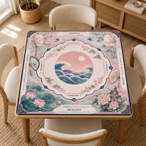 Crane Waves Mahjong Mat for Table with Carrying Bag, Anti Slip Noise Reduction Game Table Cover for Mahjong, Card, Board Tile Games, 31.5'' x 31.5'' - color: Moonlit Crane Waves