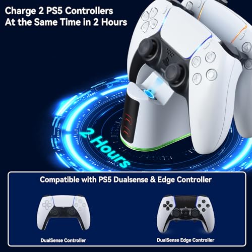 ELUTENG PS5 Controller Charger Dual Controller Charging Stand for PlayStation 5 with LED Indicator, Fast Charging Dock for DualSense Charging Station, PS5 Accessories Kits with USB Cable, White