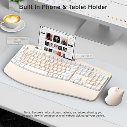 Wireless Keyboard and Mouse Combo, 2.4G Ergonomic Wave Keys(Milk Tea-A) | Full Size Ergonomic Keyboard with Wrist Rest, Phone Holder, 3-Level DPI Silent Mouse with 6-Buttons,for Windows/Mac OS/Laptop - color: Milk Tea-A