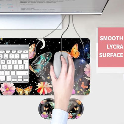 Mouse Pad,Large Desk Mat Set, 4in1 XL Mousepad + Keyboard Wrist Rest+Mouse Wrist Rest+Coaster with Ergonomic Desk Pad for Home Office Table Computer Cover -Butterfly Moon Flower - color: Butterfly Moon Flower