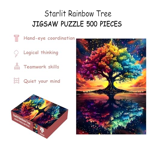 Puzzles for Adults 500 Pieces, Tree of Life Jigsaw Puzzles - Starlit Rainbow Tree, Impossible Starry Night Puzzle for Seniors Families,20.47x14.96 inches, 1:1 Poster, Letter on The Back - style: Starlit Rainbow Tree