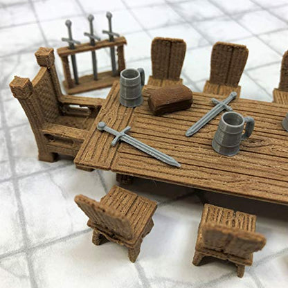 Lords Table Set with Chair, Small Chairs, Sword Rack, Swords, Tankards, and Bread - 28mm Scale Tabletop Terrain for D&D and Fantasy Role Playing Games