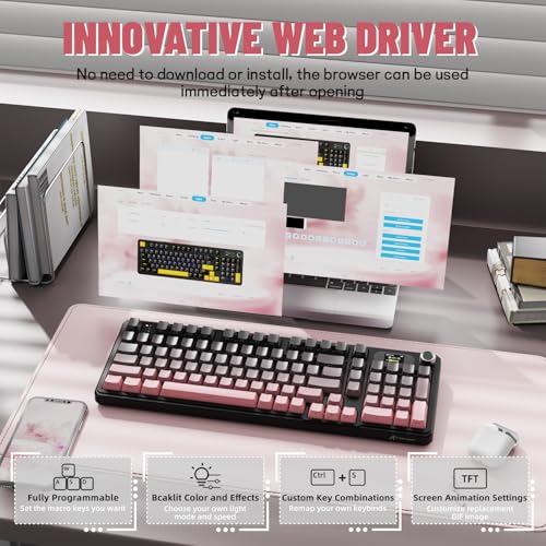 MAMBASNAKE Attack Shark X98 Pro Wireless Mechanical Keyboard with Screen & Knob, 2.4G/USB-C/BT5.0 Gasket Hot Swappable Creamy Keyboard102 Keys, Web Driver RGB Gaming Keyboard for PC/Mac/PS4/Xbox - color: Pink