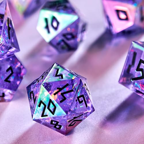 Iridescent DND Dice Set with Glowing LED Display Box – Sharp Edge Polyhedral Dice with Mesmerizing Finish | Bonus Stickers Included | Dungeons and Dragons (TTRPG) Dice Set - color: (Non-liquid Core) Iridescent - Umbral Gleam