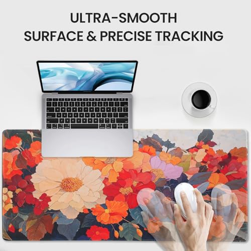 Extended Mouse Pad, Floral Design, 35.4 x 15.7 Inches, Microfiber Cloth Surface, Non-Slip Rubber Base, Rectangular Desk Mat for Gaming and Work - color: Dm13-blooming Flowers