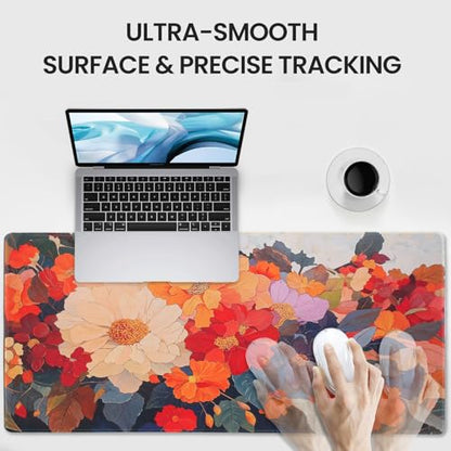 Extended Mouse Pad, Floral Design, 35.4 x 15.7 Inches, Microfiber Cloth Surface, Non-Slip Rubber Base, Rectangular Desk Mat for Gaming and Work - color: Dm13-blooming Flowers