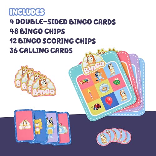 Bluey Bingo’s Bingo Card Game, Kids Image Matching Card Game with 40 Cards, 48 Chips and 12 Scoring Chips, Interactive Fun Games for Kids of Ages 3+