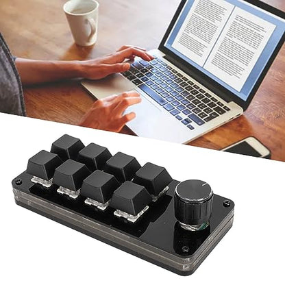Programmable Macro Keyboard, 8 Key Mini Mechanical Keypad Hot Swappable Blue Switch Acrylic Custom Single Hand Board with 1 Knob, for Gaming PC
