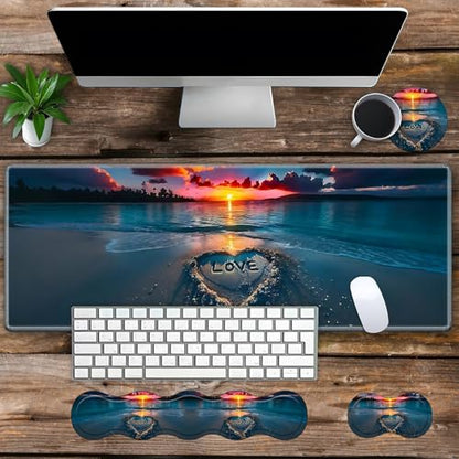 Large Gaming Mouse Pad Set with Wrist Support – 31.5" x 11.8" 4-in-1 XXL Mousepad with Keyboard Wrist Rest, Mouse Wrist Rest & Coaster – Ergonomic Desk Mat for Office, Home – Sunset Love Heart - color: Sunset Love Heart
