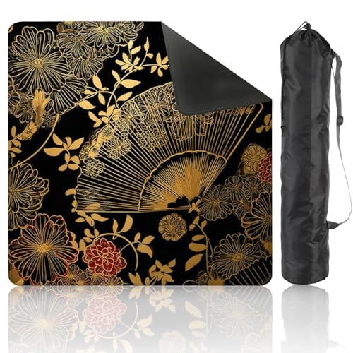 Mahjong Mat 31.5" x 31.5" Fan Flower Unbrella Japanese Chinese Seamless Design Gold Black Non-Slip Noise Reduction Mahjong Tiles Table Cover for Dominoes Poker Card Board and Tile Games - color: Color2