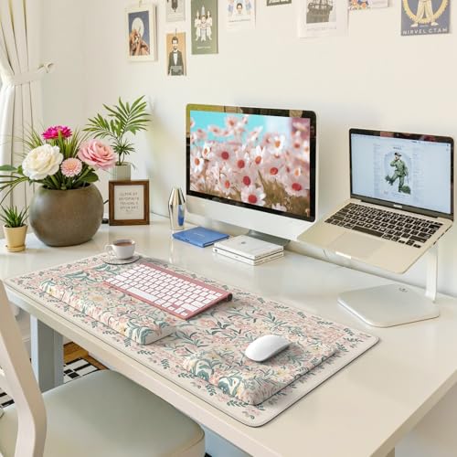 iLeadon Pink Desk Mat Set Cute,Mouse Pad and Keyboard Pad Mat for Desk | Non-Slip Desk Mat, Ergonomic Desk Mouse Pad Extra Large, Floral Teacher Desk Mat with Wrist Rest for Women Home Office - color: Light Pink