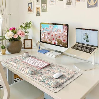 iLeadon Pink Desk Mat Set Cute,Mouse Pad and Keyboard Pad Mat for Desk | Non-Slip Desk Mat, Ergonomic Desk Mouse Pad Extra Large, Floral Teacher Desk Mat with Wrist Rest for Women Home Office - color: Light Pink