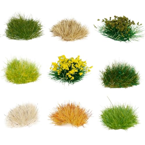 Warmtree 126 Pcs Static Grass Bushy Tufts Lowland Shrubs Tuft Terrain Model Kit for Train Landscape Railroad Scenery Sand Military Layout Model Miniature Bases and Dioramas - color: Green,dry Yellow