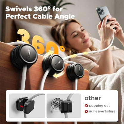 UGREEN Magnetic Cable Management Clips, 360° Rotation Desk Cord Organizer 1s Fast Locking, Strong Adhesive Cable Holder Fits Cables Wires for Workspace, Nightstand, Home Office,Car