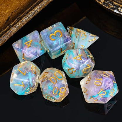 UDIXI 7PCS D&D Polyhedral Dice Set Swirls Glitter DND Dice Set for RPG | Cyan Pink Colors, Dreamy Effect, Velvet Dice Bag Packaging, for Dungeons and Dragons Role Playing Games and Tabletop Games - color: Cyan With Pink