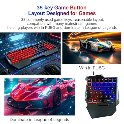 Fabater One Handed Gaming Keyboard, 35 Keys, Rainbow LED, Wired USB, Ergonomic with Wrist Rest, Mini Portable, Compatible with PC Laptop