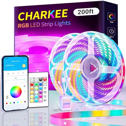 CHARKEE LED Strip Lights 200ft (2 Rolls of 100ft). 24V 5050 Ultra Long Super Bright Smart Light Strips with APP Control. 24keys Remote Music Sync Color Changing Led Lighting for Bedroom, Decoration | 2 Rolls 100ft, 24V 5050 Ultra Long Bright LED Lights, A