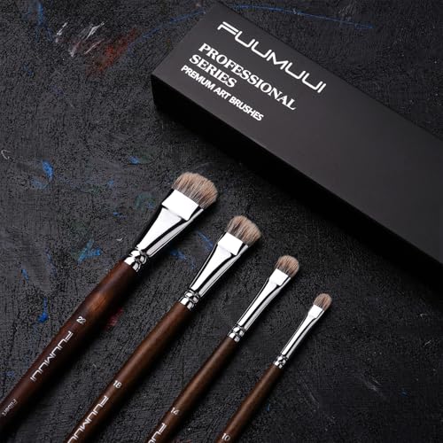 Fuumuui Professional Paint Brush Set, 4Pcs Natural Badger Hair with Filbert Shape Blending Mop Oil Paint Brushes for Acrylic Painting Oil and Gouache - style: Filbert