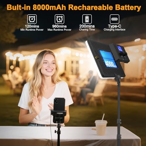 2 Packs LED Video Light with 63" Tripod Stand, QEUOOIY 20W Bi-Color Photography Lighting Kit, Dimmable 2500-8500K Studio Conference Light, Built-in 8000mAh Battery for YouTube/TikTok/Vlog/Streaming