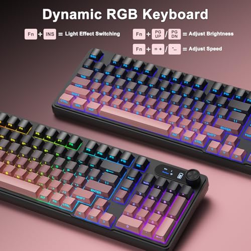 BlueFinger Wireless Gaming Keyboard and Mouse Combo, RGB Backlit, Tri-Mode Bluetooth/2.4G/USB-C Wired, 98 Keys Quiet Keyboard with Number Pad, Volume Knob & Screen, 4800 DPI Mouse for PC/Mac/Laptop - style: Wireless Keyboard & Mouse