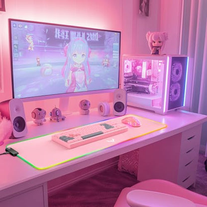 BladeHawks RGB Gaming Mouse Pad Extra Large Extended 31.5x12 Inch-Pink | LED mouse pad with 14 lighting modes, covers keyboard & mouse, anti-slip rubber base, waterproof surface, USB powered - color: Pink