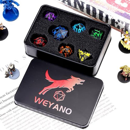 D&D Metal Dice Dungeons and Dragons Metal Dice Set with Cracks, Polyhedral Dice Set for RPG TTRPG D&D Die with Gift Case - color: Black and Coloured Cracks