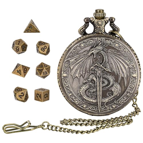 DragonSword D&D Dice Set with Pocket Watch Case, 7PCS Metal Dice Set for DND, Mini Dice with Gifts Case, Role Playing Board Games Accessories Gifts (Gold) - color: Gold