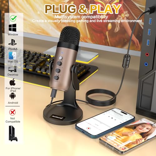 ZealSound Podcast Microphone for PC, Noise Cancellation USB Mic with Gain, Volume Adjustment & Mute Button, Monitoring & Echo, for YouTube, TikTok, Podcasting, Streaming, iPhone, iPad, Android, Mac - color: Gold