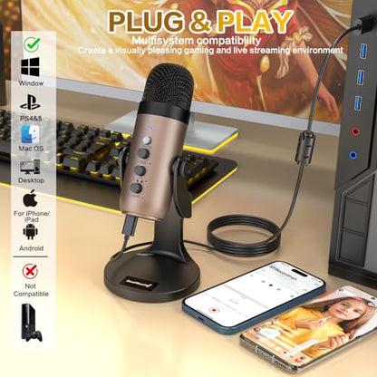 ZealSound Podcast Microphone for PC, Noise Cancellation USB Mic with Gain, Volume Adjustment & Mute Button, Monitoring & Echo, for YouTube, TikTok, Podcasting, Streaming, iPhone, iPad, Android, Mac - color: Gold