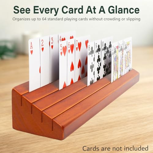 Wooden Playing Card Holders for Seniors, 4 Pack Card Holder Trays for Playing Cards, 10" Hands-Free Card Holders with 4 Slots for Adults, Kids, Arthritis Hands, Bridge, Poker, Canasta, Game Night