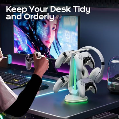 Saitake RGB Controller Stand with 9 Light Modes,Controller Holder with 2 USB Ports,Headset Stand for Desk-Headphone Holder Suitable for All Headphones and Controller (White) - color: White