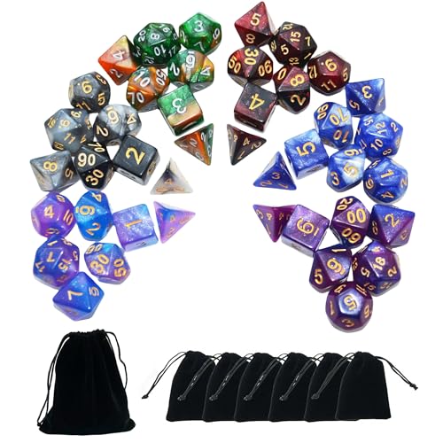 SmartDealsPro 6 x 7 Sets (42 pcs) Glitter Polyhedral Dice Sets with Pouches for DND RPG MTG Dungeon and Dragons Table Board Roll Playing Games D4 D8 D10 D12 D20 (Color 2) - color: Color 2