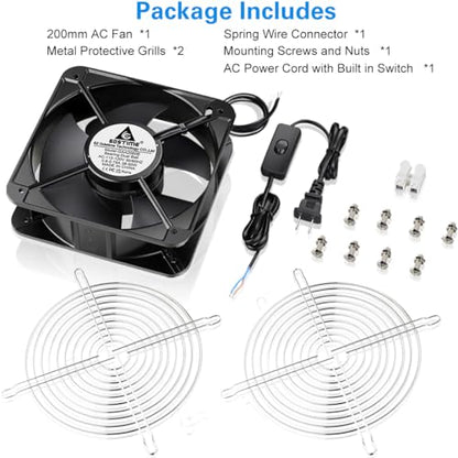 GDSTIME AXIAL 2060 Muffin Fan, 120V AC 200mm x 60mm High Airflow Dual Ball | 110V 115V, ON/OFF Switch, Heavy-duty Aluminum, 200x200x60mm, for Chicken Coop, Shed Cooling Ventilation, Freezer Replacement - size: 200x200x60mm